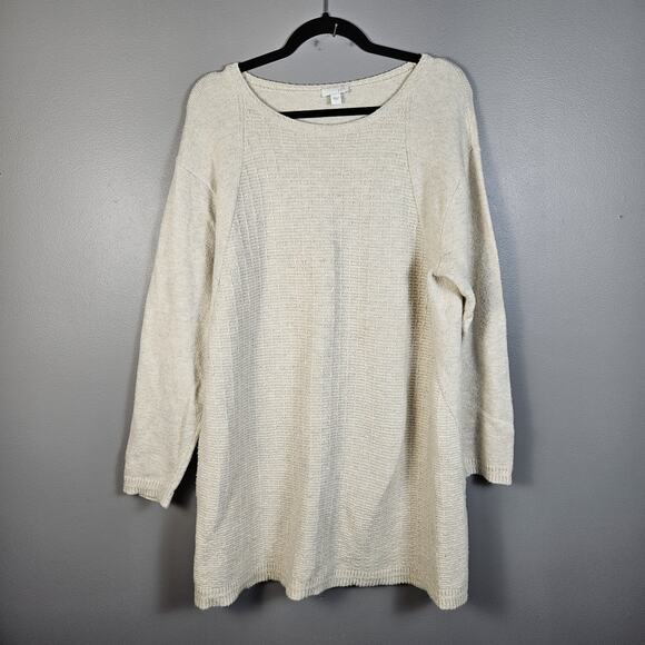 J Jill Oatmeal Beige Knit Tunic Sweater Round Neck Womens Large Cotton Blend - Picture 1 of 6